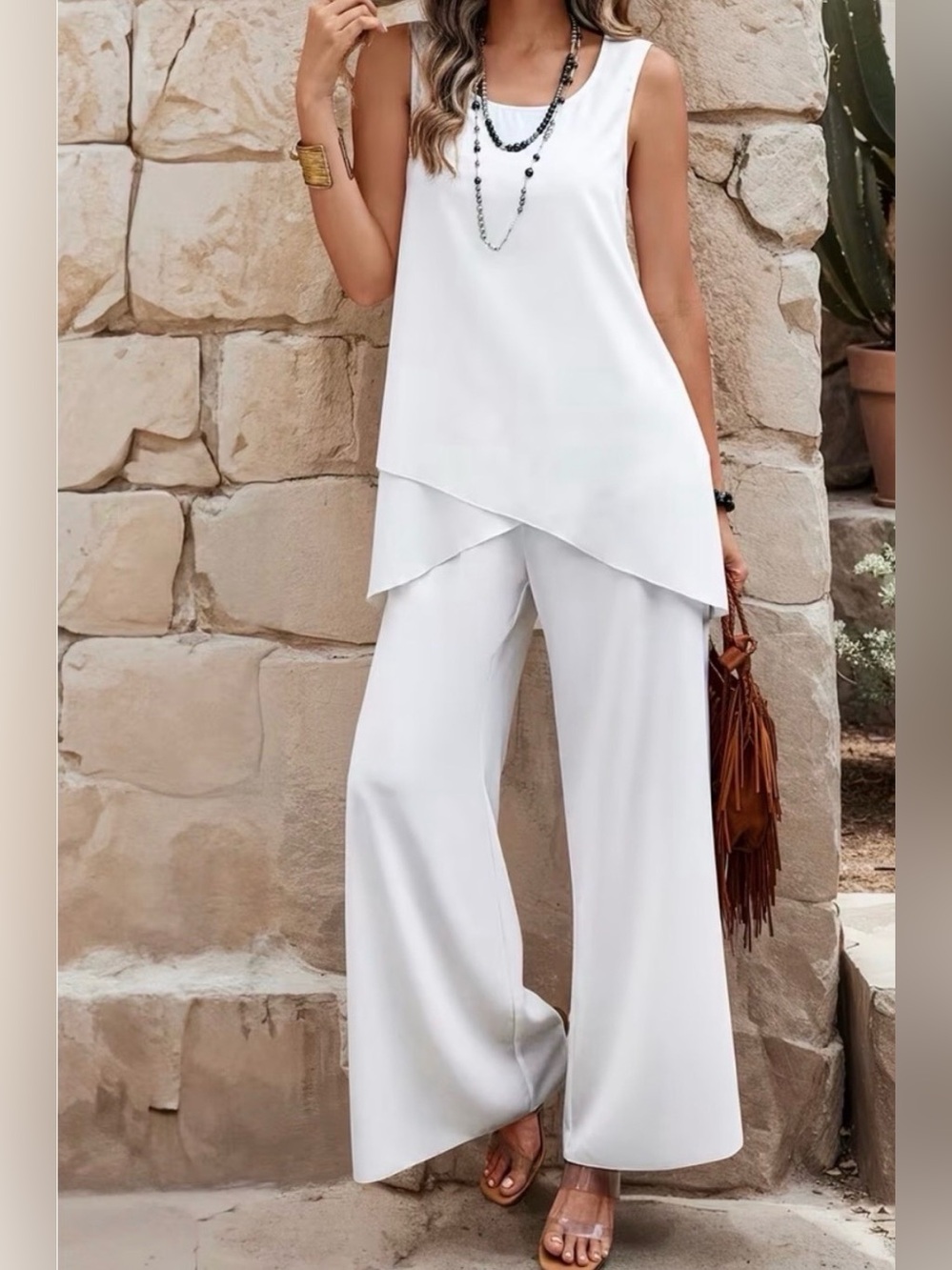 #1299 “LAST ONE” Two Piece White Boho Pant & Top Set